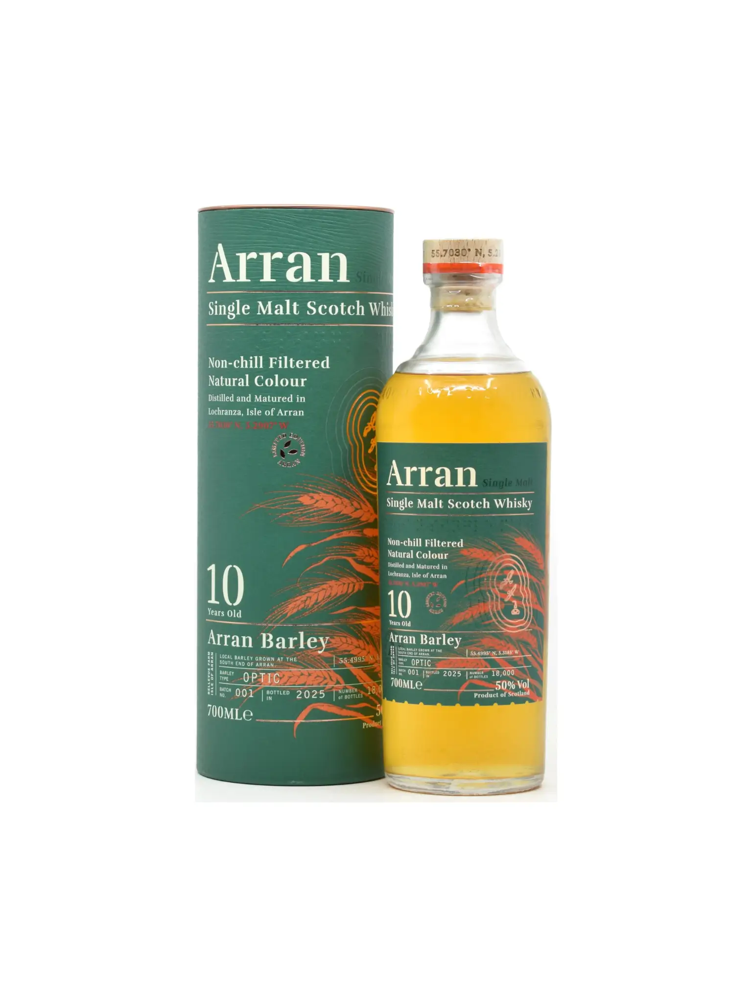 Koker en fles van Arran 10 years Local Barley Single Malt