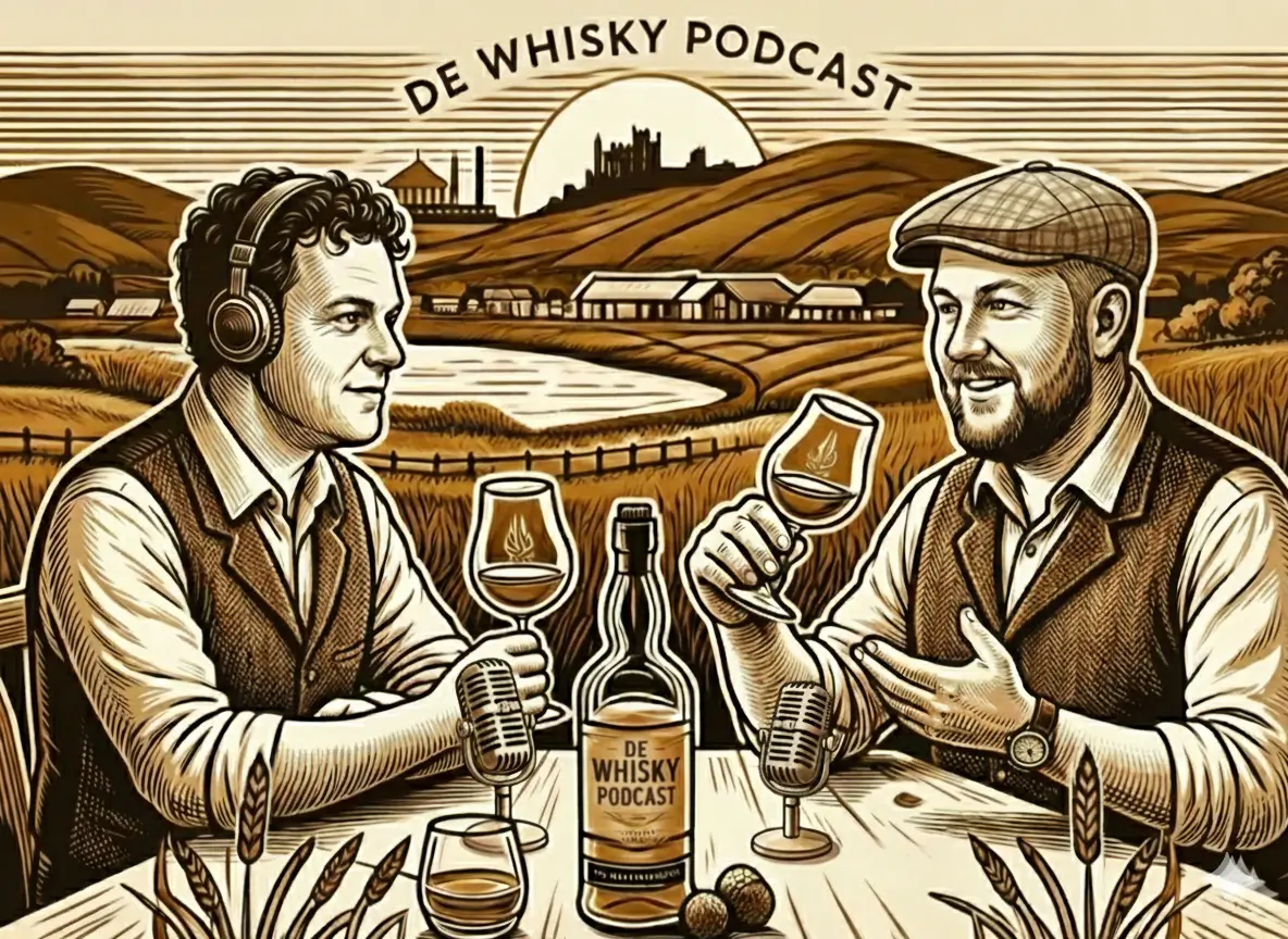 Twee whisky podcast hosts met glazen Schotse whisky, microfoons en een whisky fles op een rustieke houten tafel
